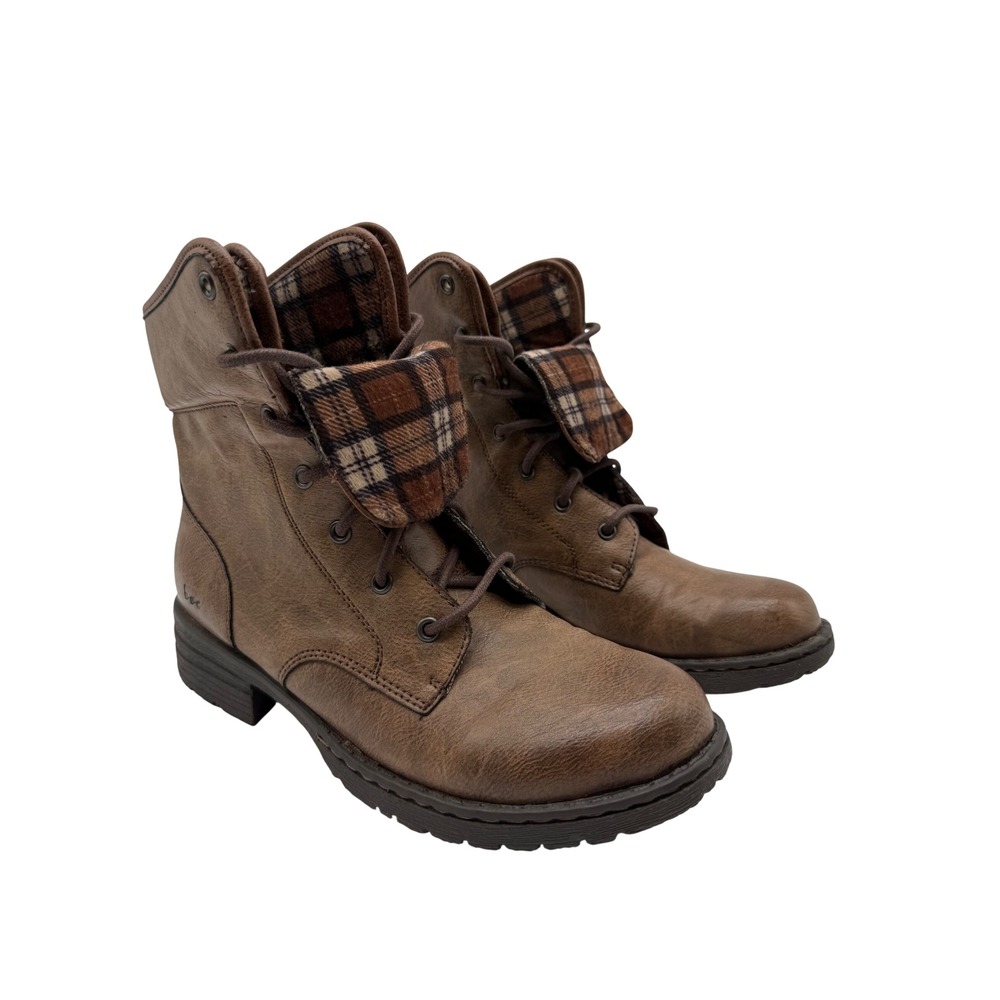 b.o.c. Combat Boots Women 7.5M Brown Excellent Plaid Fold Over Lace Up C72506